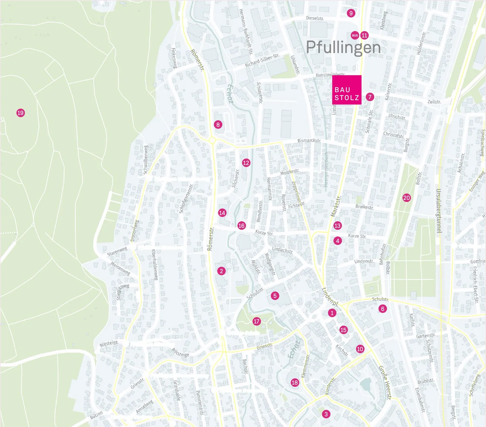 Stadtplan von Pfullingen mit dem Quartier Urban Alb an der Marktstraße und 20 nummerierten Orten in der Umgebung