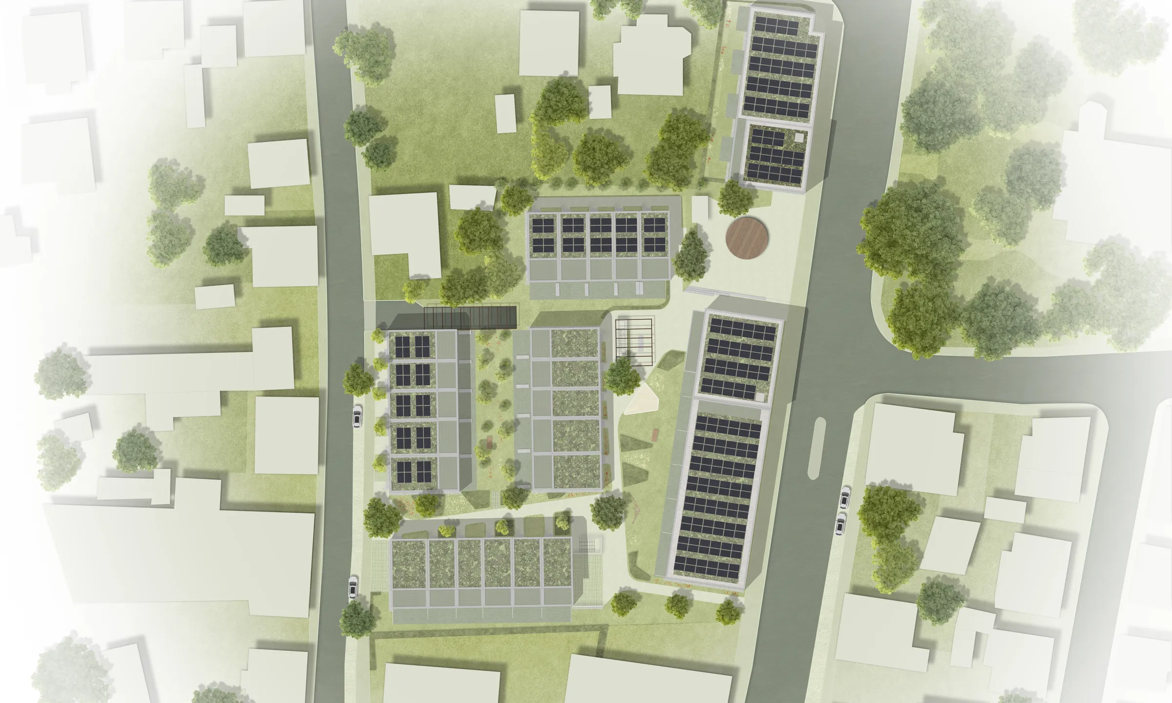 Makroplan des Quartiers Urban Alb aus der Vogelperspektive: Haus A und Haus B an der Marktstraße, Reihenhäuser um den Quartiersplatz