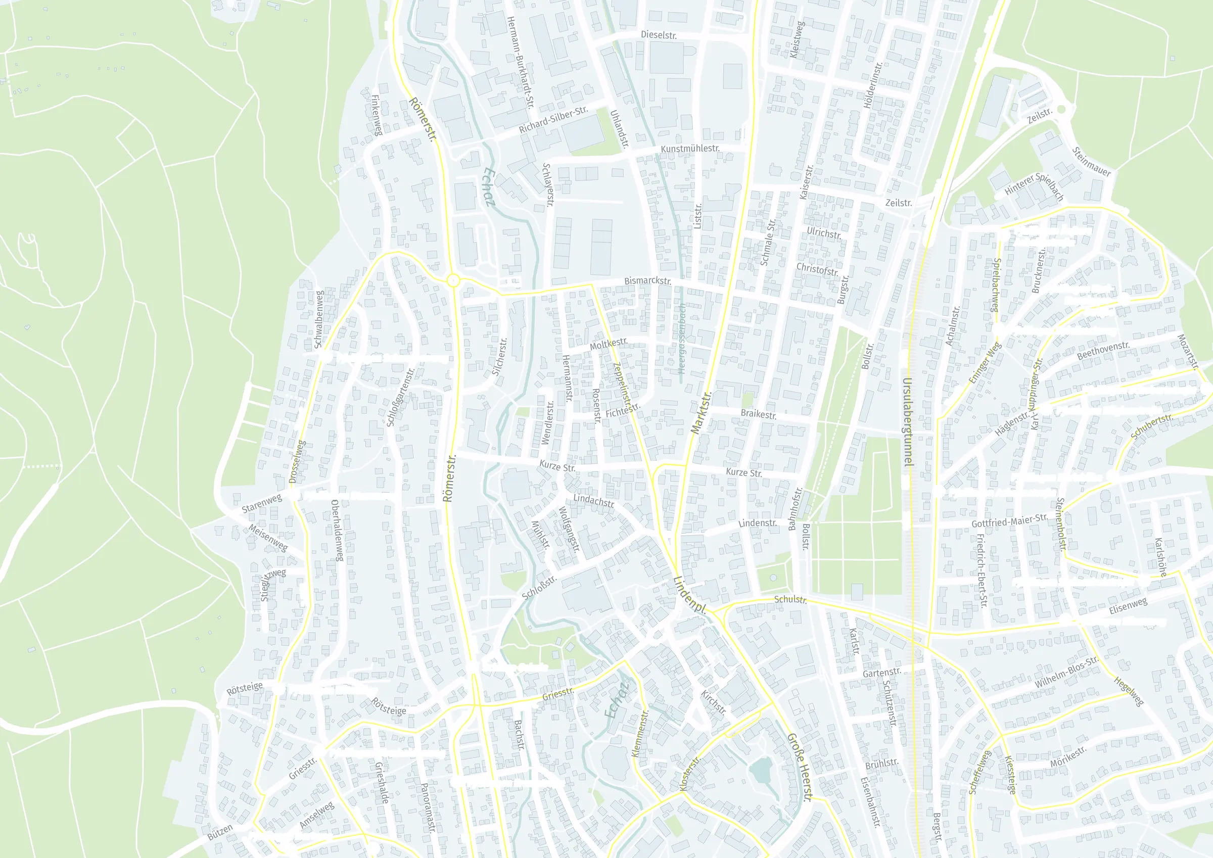 Stadtplan von Pfullingen mit dem Quartier Urban Alb an der Marktstraße und 20 nummerierten Orten in der Umgebung